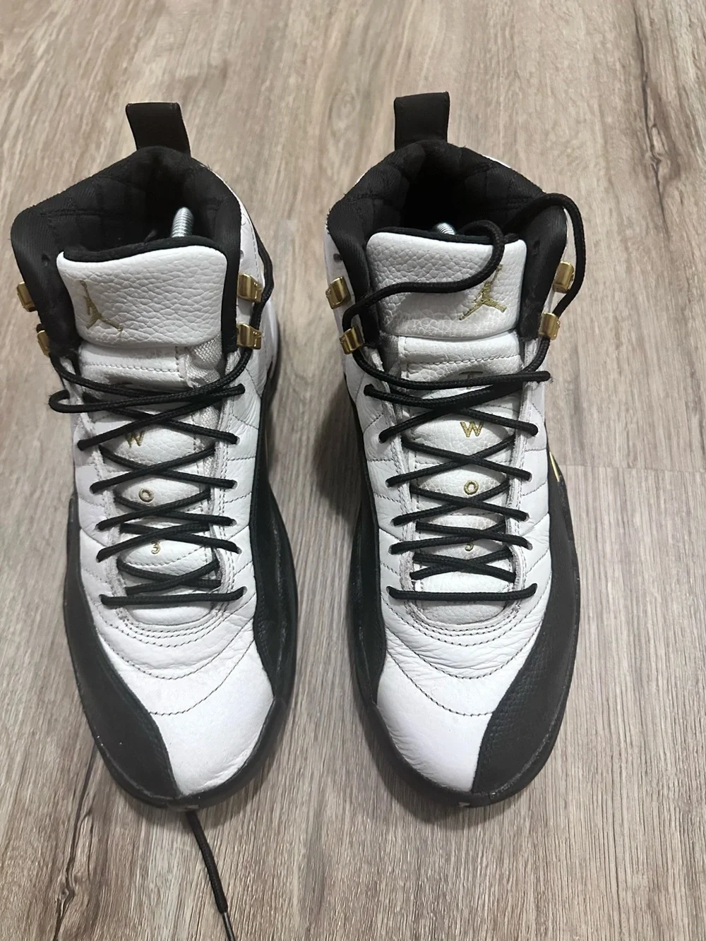 Jordan Men's White and Black High-Top Sneakers with Gold Accents